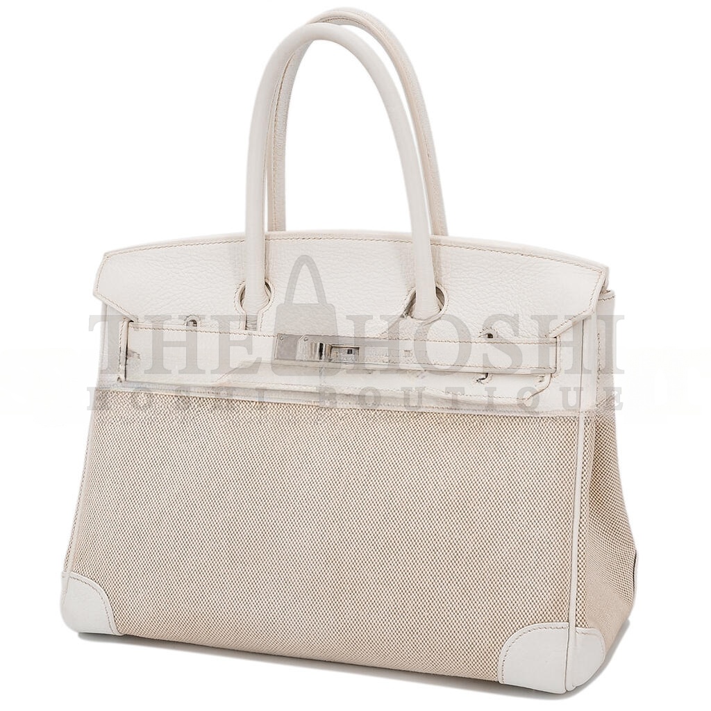 H**me5 BIRKIN 35 COWHIDE WHITE CANVAS SILVER BUCKLE BAG 10080269 (35*24*18cm) Master Quality